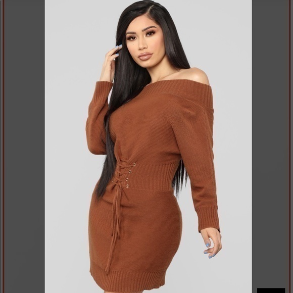 Mustard sweater Dress - long sleeve Off Shoulder - Picture 4 of 8